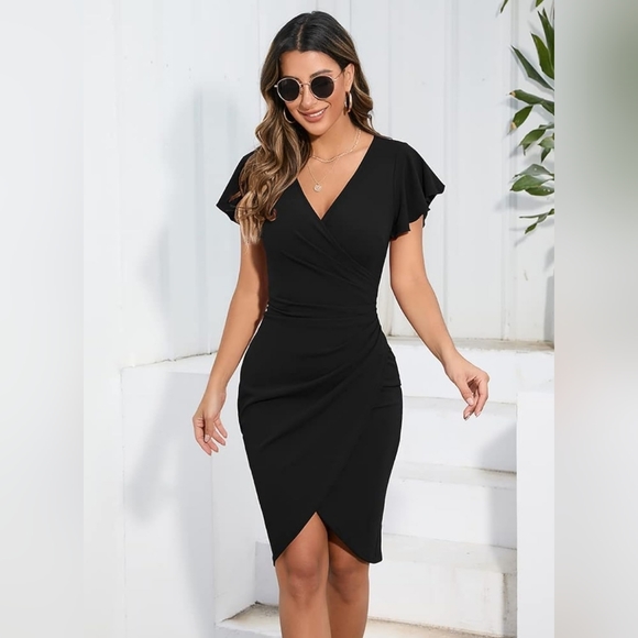 Black Ruched Bodycon Faux Wrap Dress Sz M - Picture 3 of 3